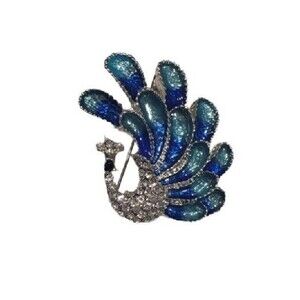 Silver Tone Rhinestone Blue Enamel Peacock Brooch 1.5" Bird Feathers Pin